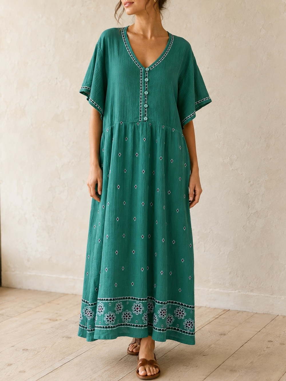 The Vermont Country Store 3X Green Cotton Embroidered Caftan Maxi Dress Boho